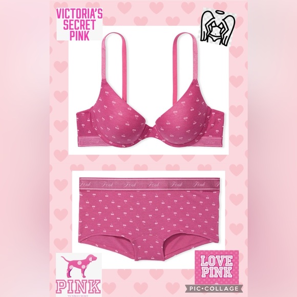 Victoria’s secret pink everywear push up bra 40B 40C And Panty Set Cherry Pink - Picture 1 of 7